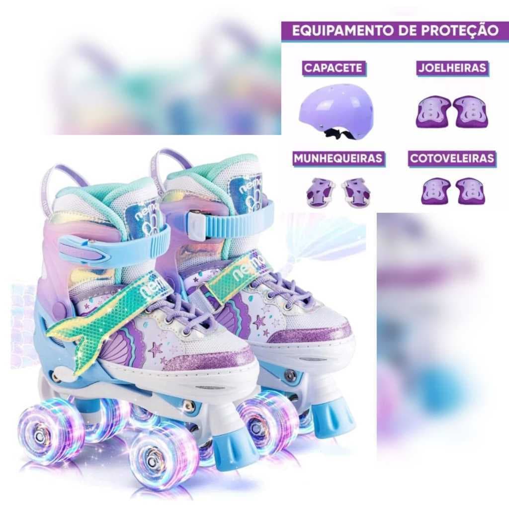 Patins Infantil Arco Íris Sereia Lilás Sereia Rosa Quad Ajustável Rodas Com Led Kit Proteção
