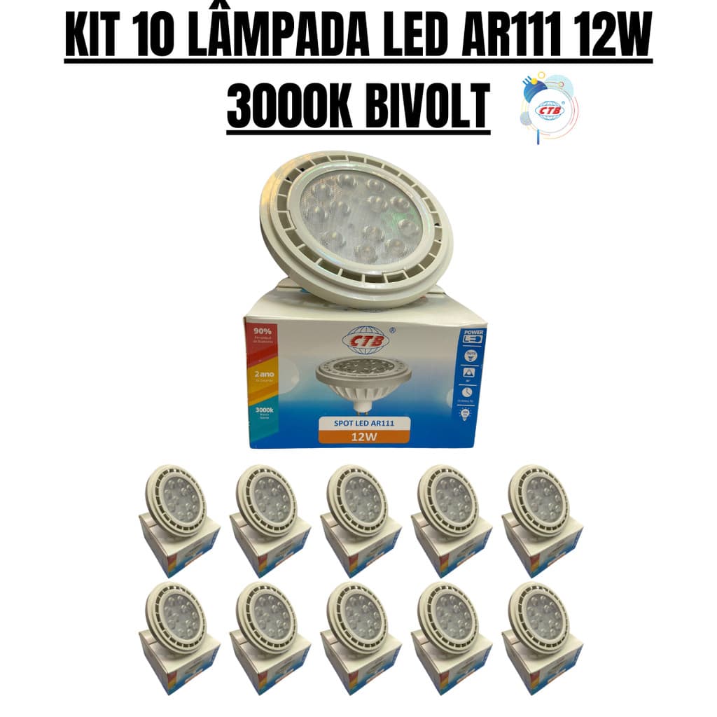 KIT 10 LÂMPADA LED AR111 12W 3000K BIVOLT GU10 CTB