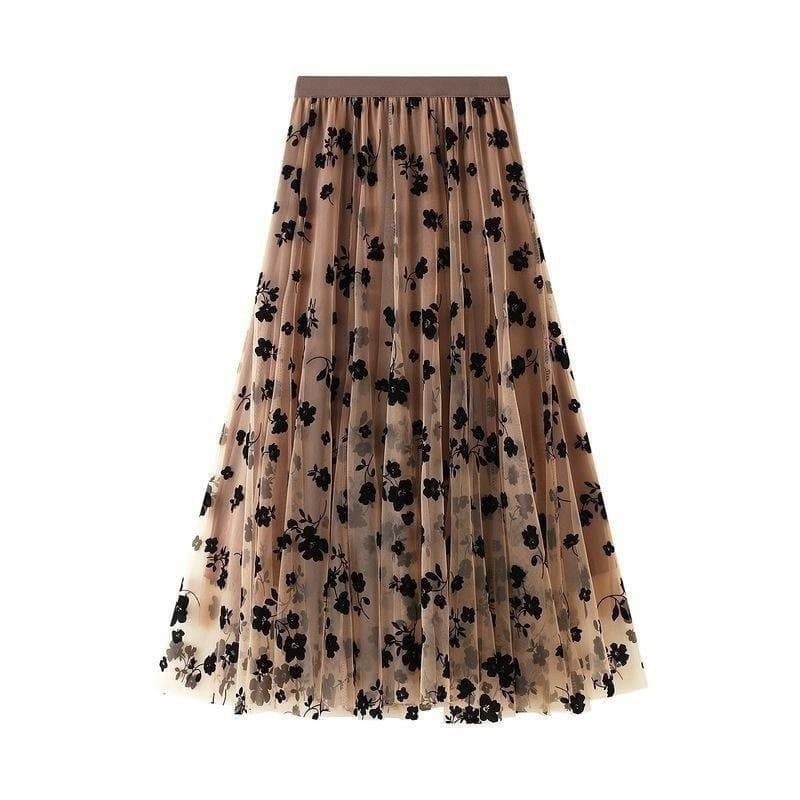Saia Midi de Malha Transparente com Estampa Floral para Festa de Primavera Verão, Cintura Alta, Comprimento Médio