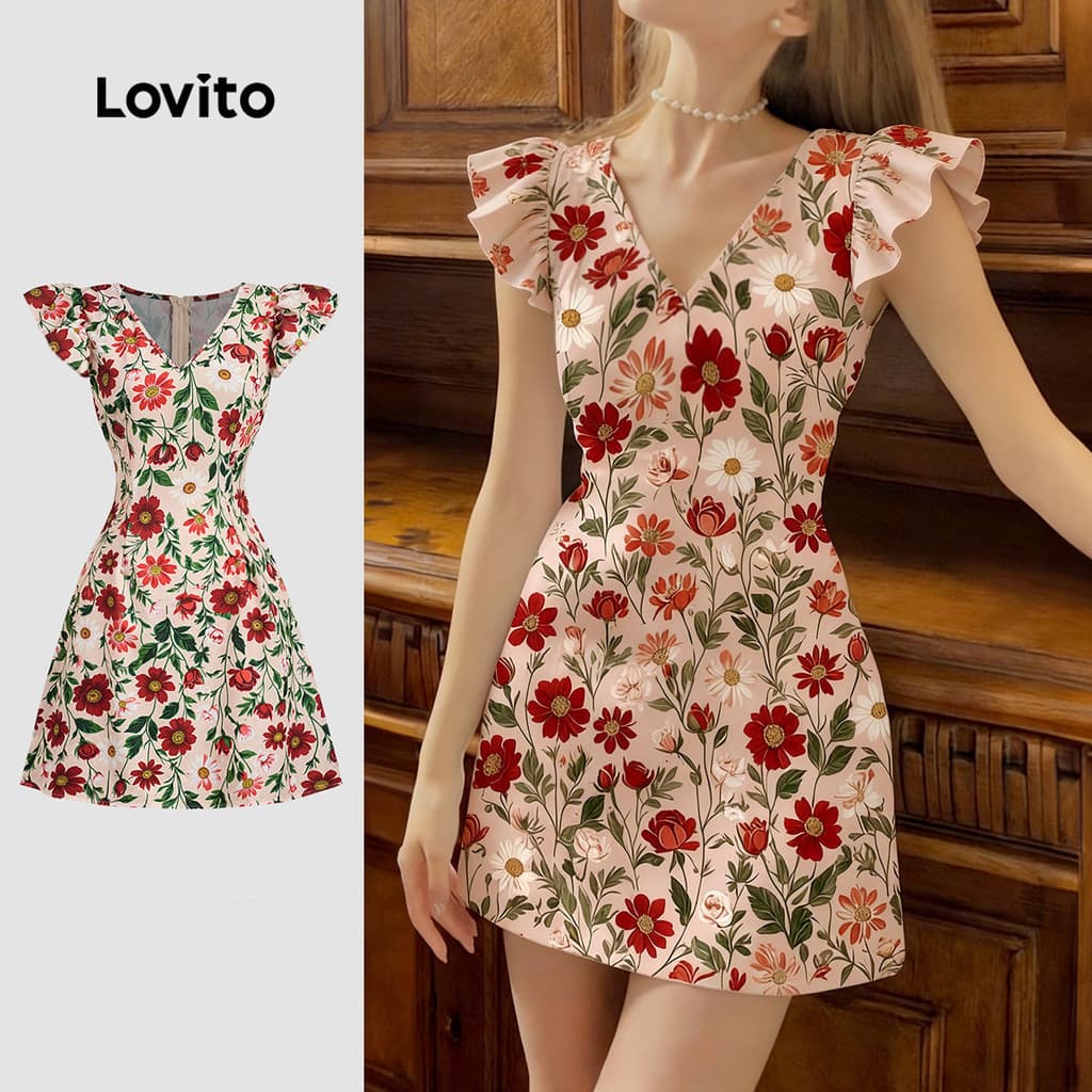 Lovito  Padrão de Vestido Casual com Babados Vestido Primavera/verão para Mulheres L178ED331