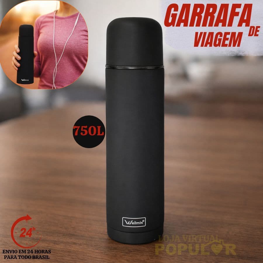 Garrafa Térmica Aço Inox 750ML Preta Garrafinha  Água Quente e Frio Parede Dupla