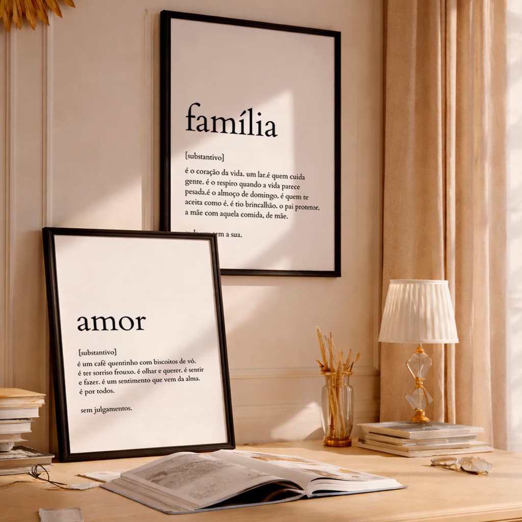 Kit 2 Quadros com Moldura Frases Amor Família Minimalista Preto Branco Sala Quarto
