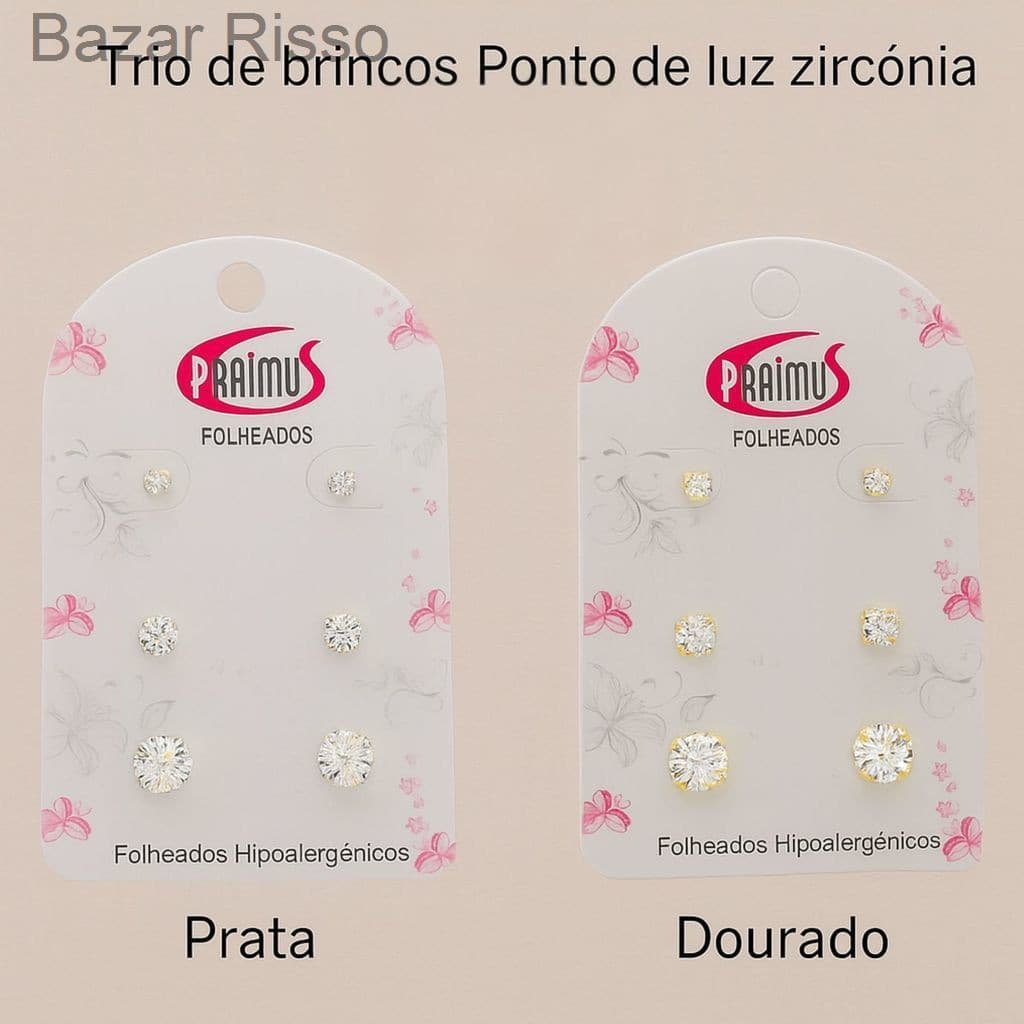 (V)Trio de Brincos Ponto de Luz Zircônia – Folheados Hipoalergênicos (Prata e Dourado)XXD0