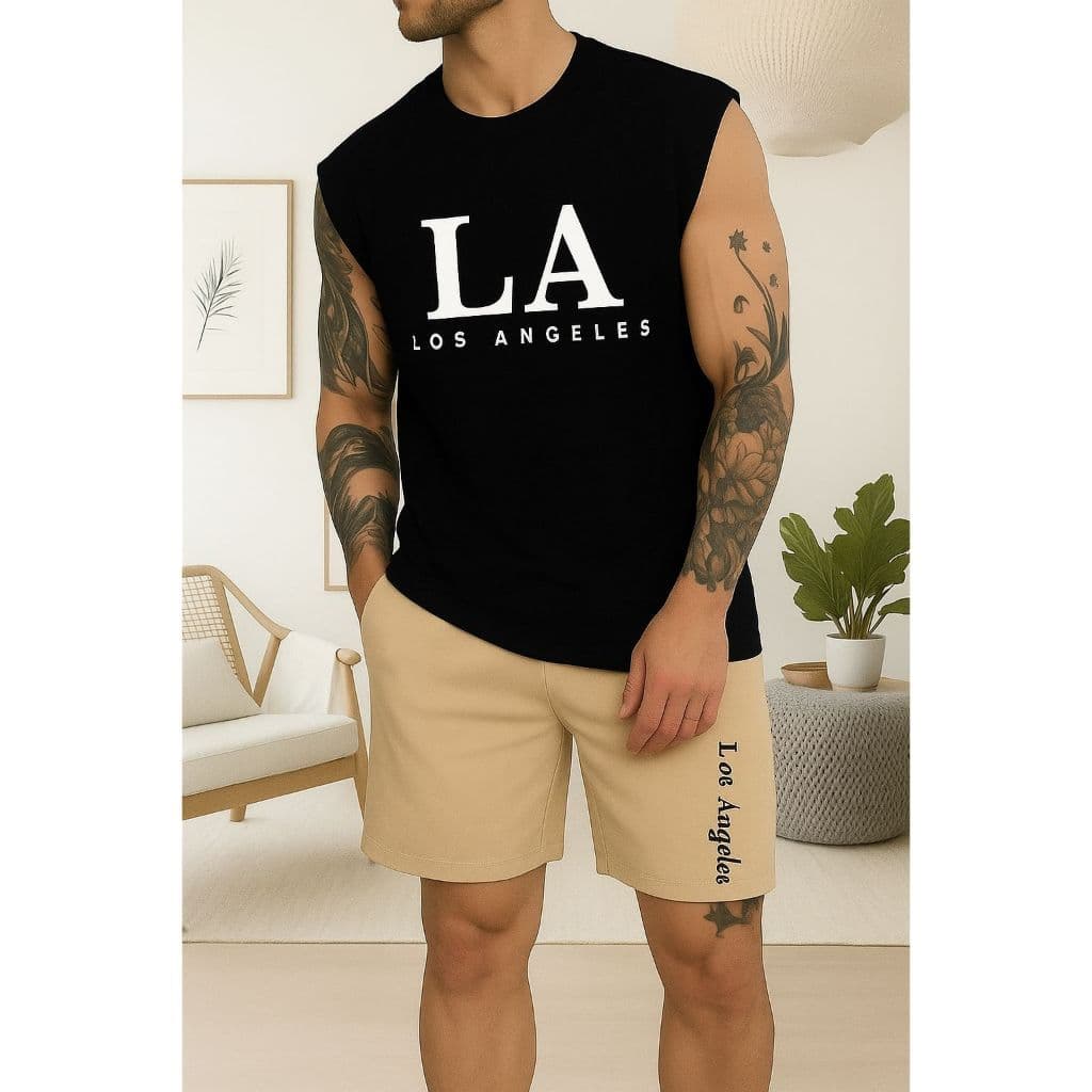 Conjunto Regata Machão L A Los Angeles Camiseta Camisa Masculina Bermuda Moletom com Bolso Algodão Esporte Praia