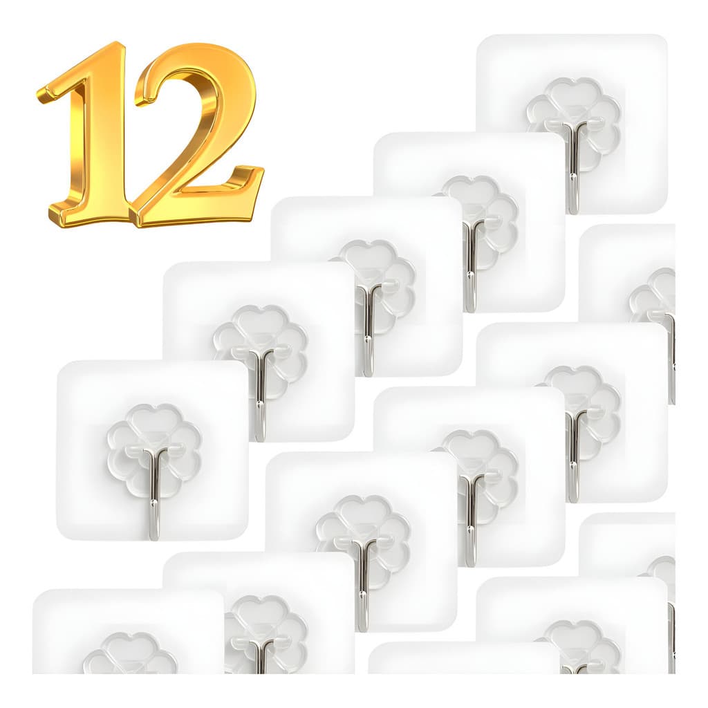 12 Ganchos Adesivos de Parede Transparente Multiuso Cabide Autocolantes Azulejos