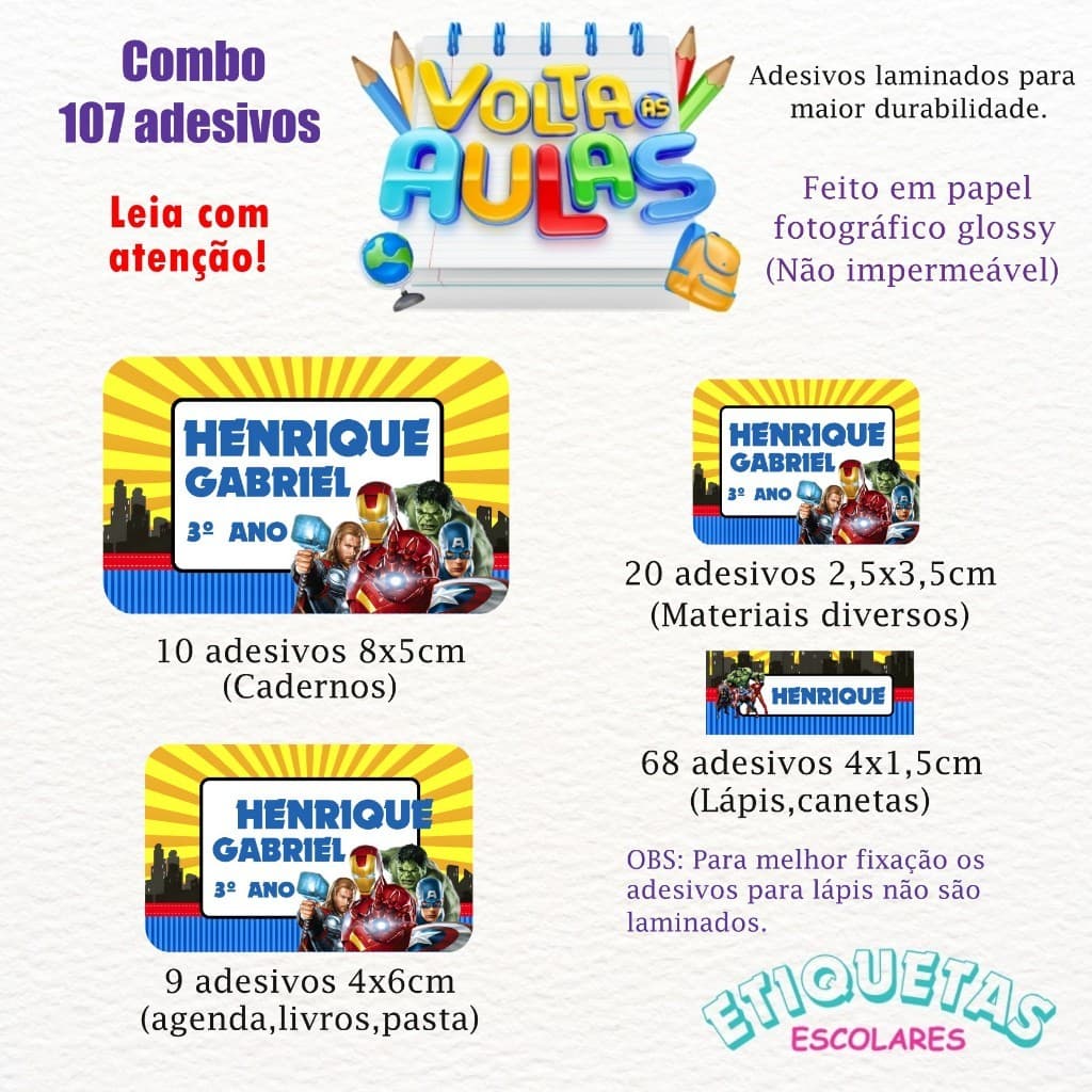 Kit 107 Etiquetas escolar Heróis/Vingadores personalizadas com nome - Volta as aulas