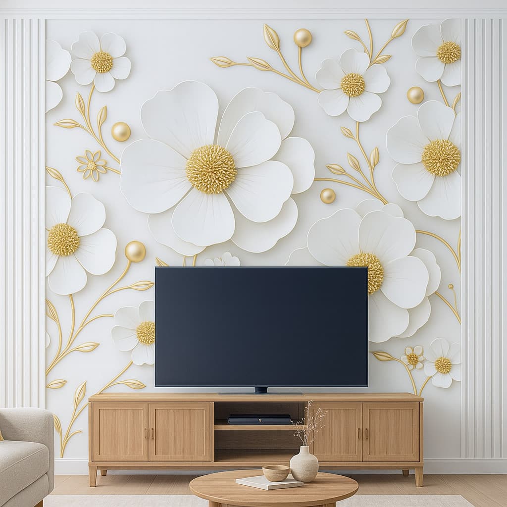 Papel de Parede Floral Branco Radiance + Ripado Branco LUXO M² parede total