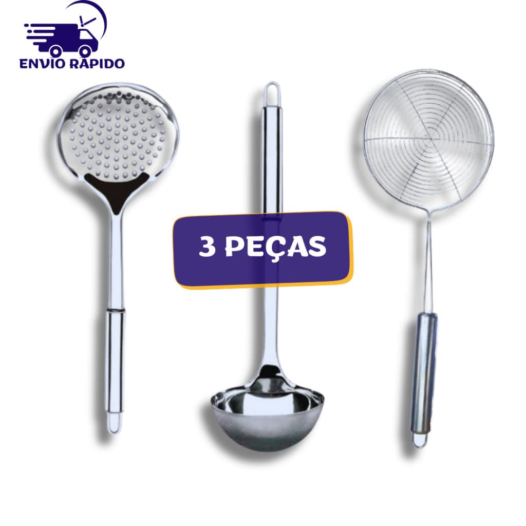Jogo 3 Peças Concha Escumadeira de Arroz e Escumadeira de Fritura Aço Inox Restaurantes Casa