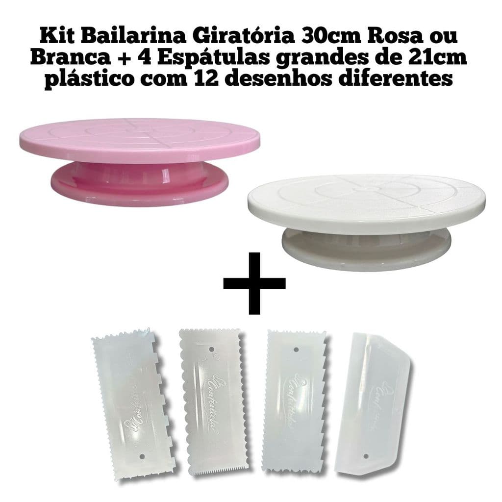 Kit Bailarina Giratória 30cm e 4 Espátulas Grandes c/ 12 Desenhos Para Confeitaria Bolos e Doce