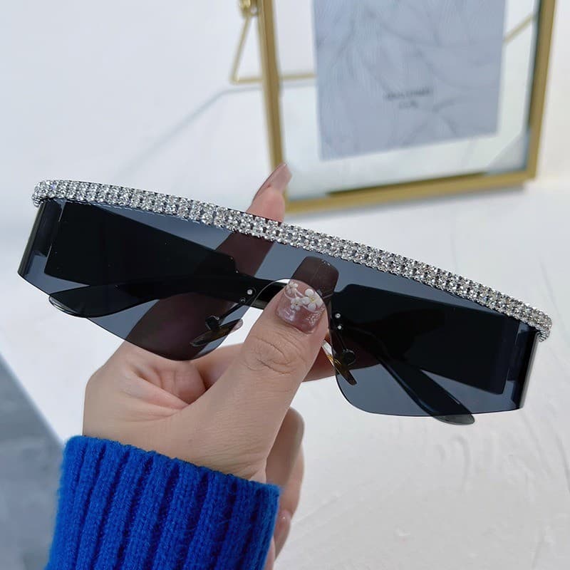 Óculos de Sol Y2K Modernos Futuristas Estilo Hip Hop com Detalhes de Diamante, Óculos de Sol Envolventes de Peça Única,