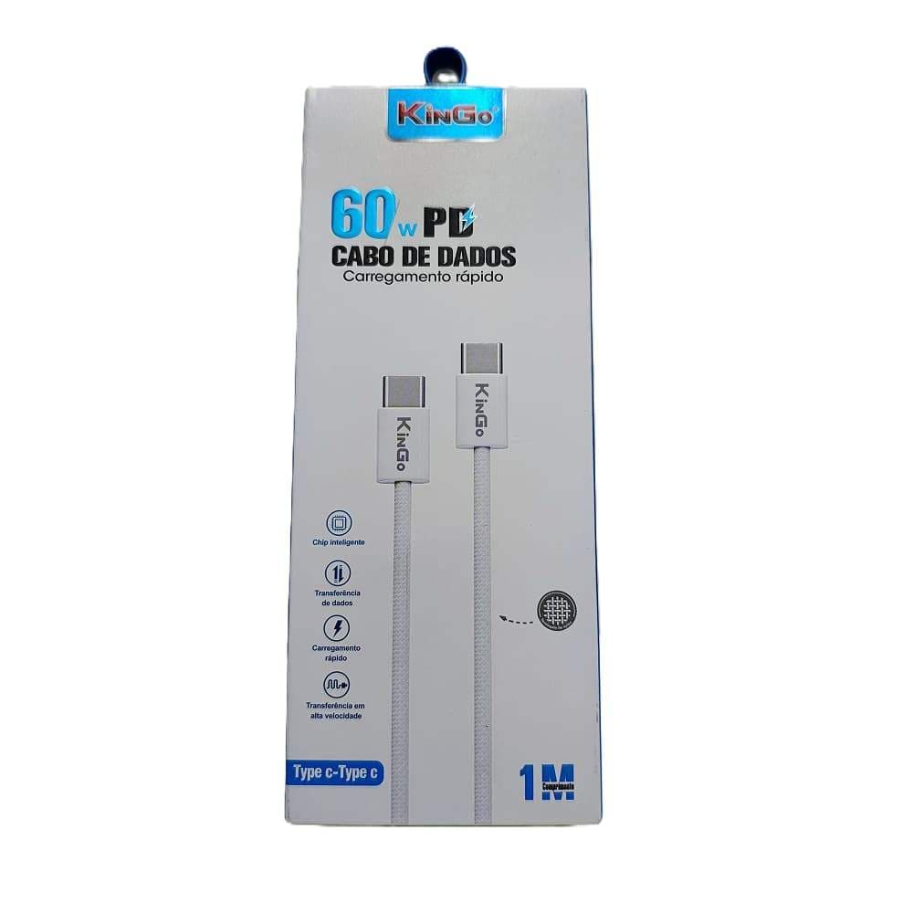 Cabo USB-C para USB-C 60W Turbo KinGo PD | Carregamento Rápido Nylon Trançado 1m | Compatível iPhone 15 Samsung Xiaomi