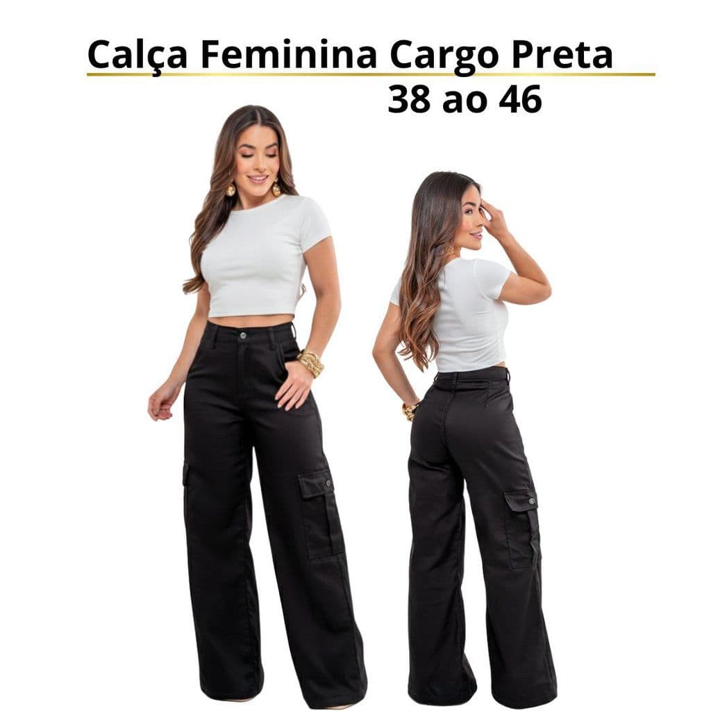 Calça Pantalona Wide Leg Cargo Preta Feminina com lycra