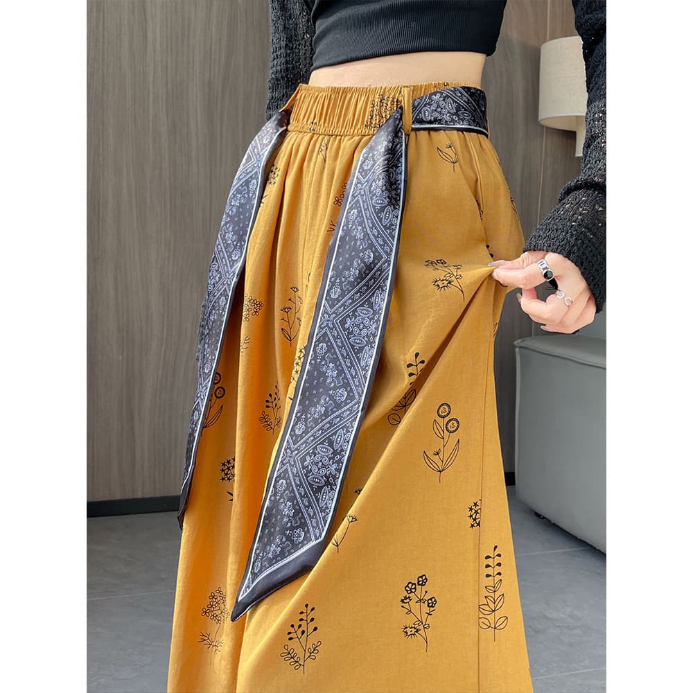 Estilo étnico gelo seda algodão linho impresso calças de perna larga feminino verão fino cintura alta solta Drape em lin