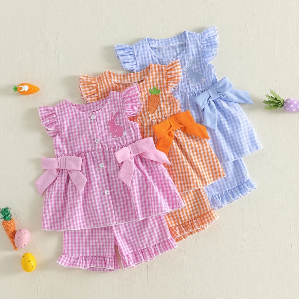 Conjunto De 2 Peças De Roupas De Verão Para Bebês Meninas Com Babados , Sem Mangas , Estampa Xadrez , Tops + Shorts , In