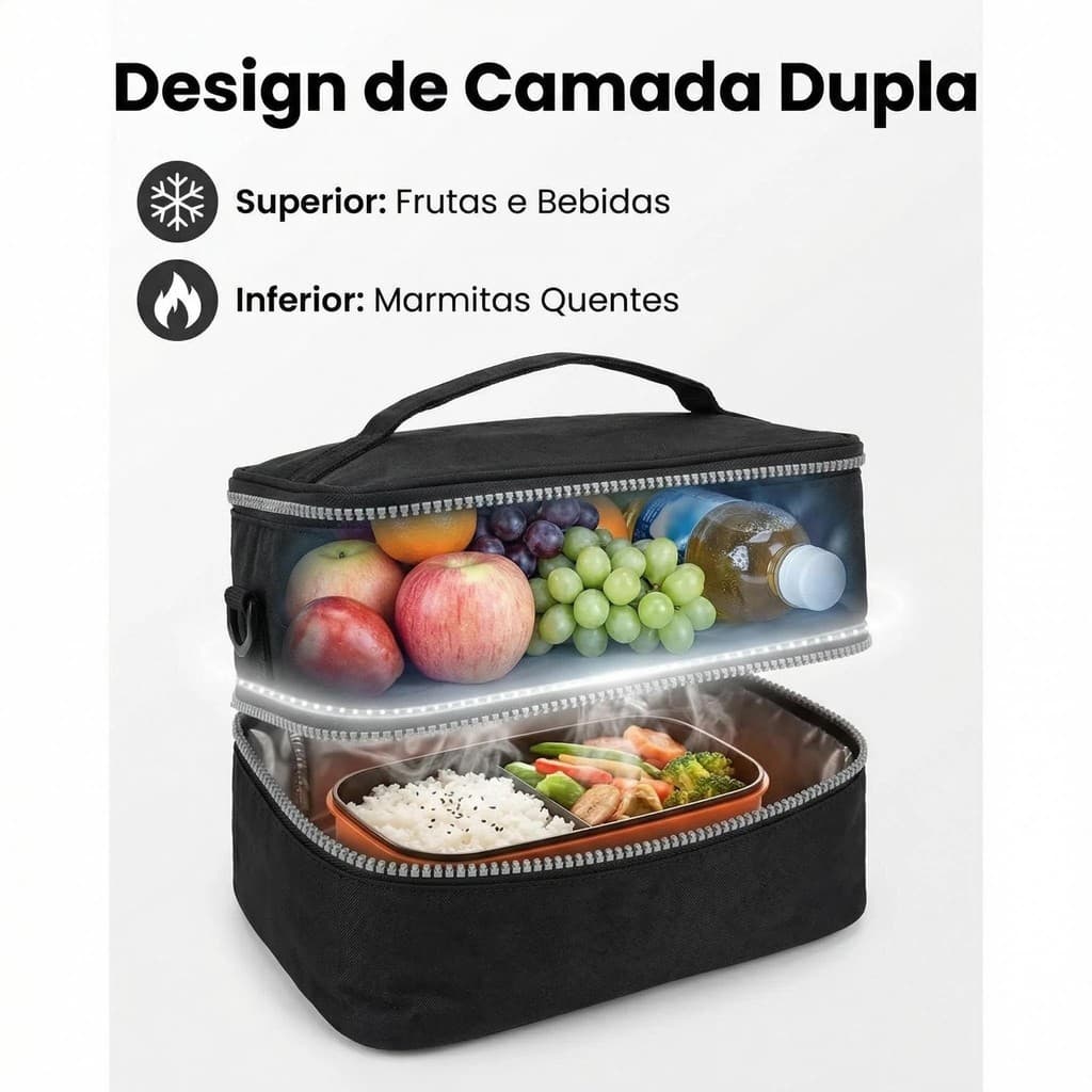 Mala térmica dupla para almoço, bolsa térmica portátil para alimentos MM