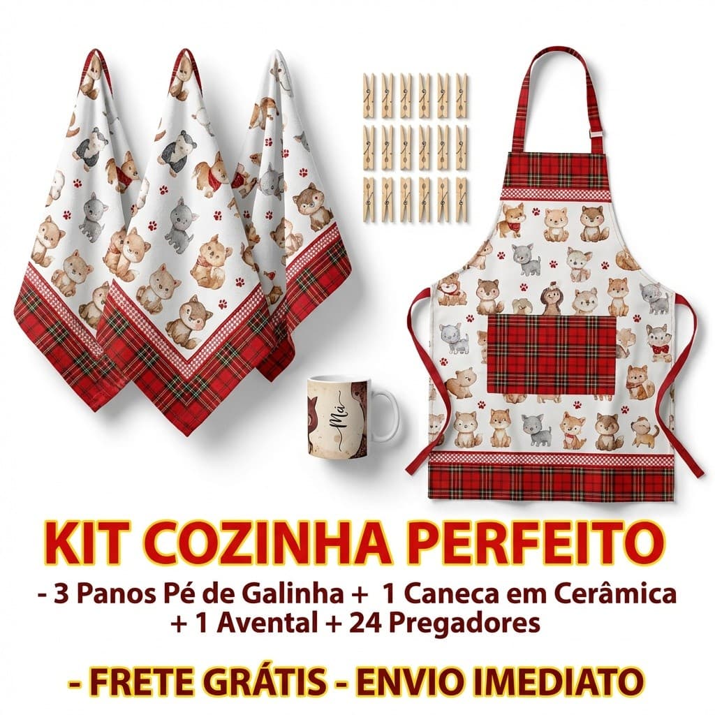 Kit Pano de Prato Pé de Galinha 1 Avental + 1Caneca Personalizada + 24 Pregadores + 3 Panos de Prato Pè de Galinha