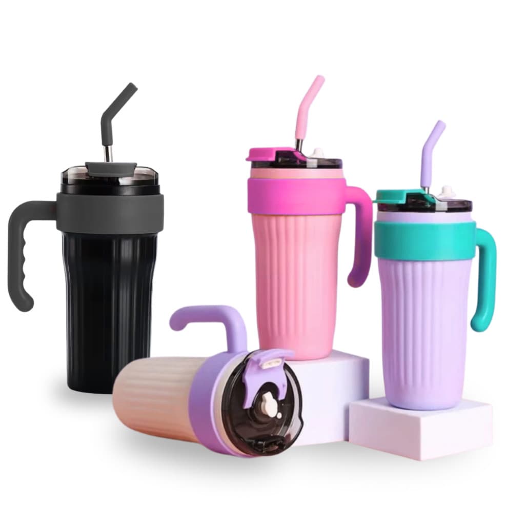 Copo Térmico 860ml com Alça e Canudo de Silicone Água e café