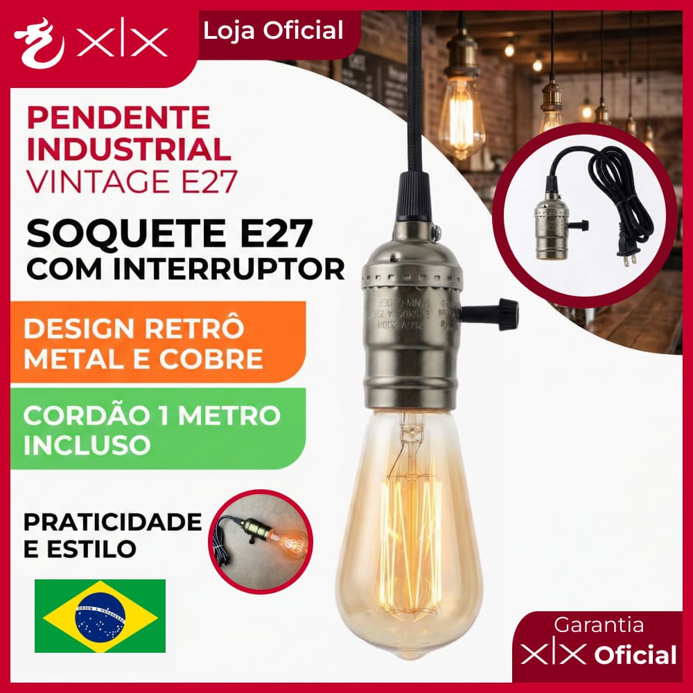 Pendente Soquete Liga/Desliga Teto E27 para Lâmpada Luminária estilo industrial vintage retrô XLX