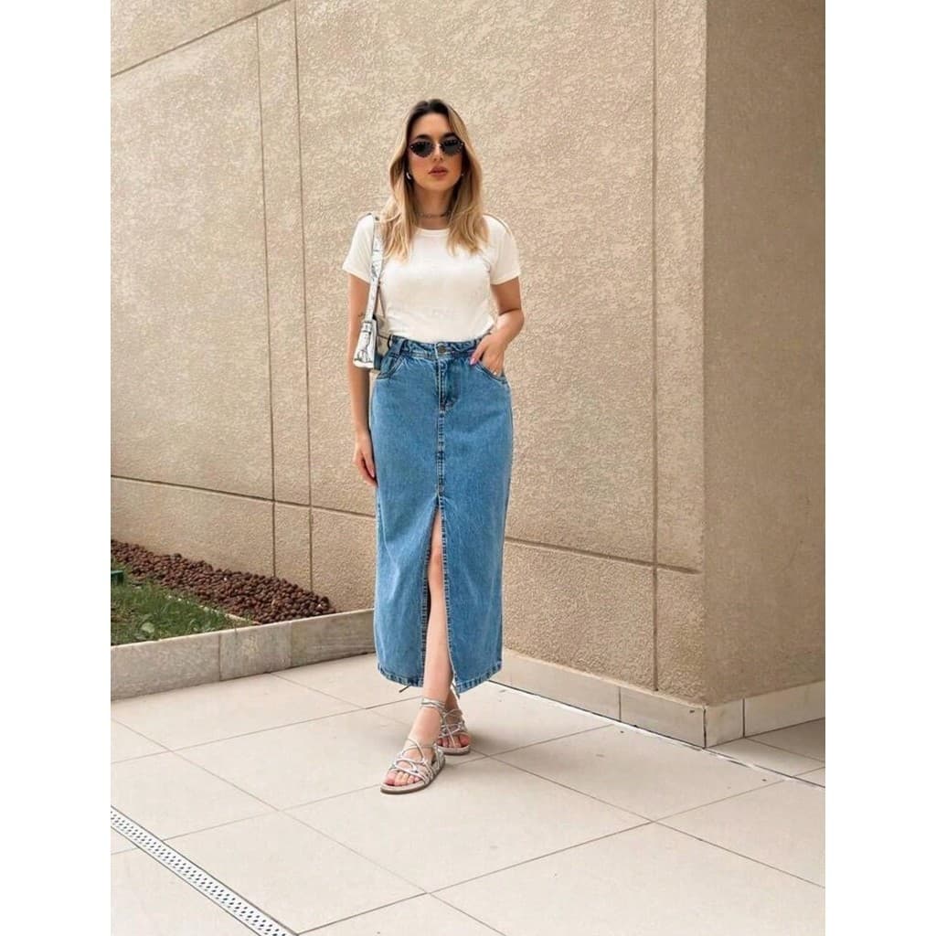 Saia Jeans Midi com Fenda Frontal Premium Confortavel Tendencia