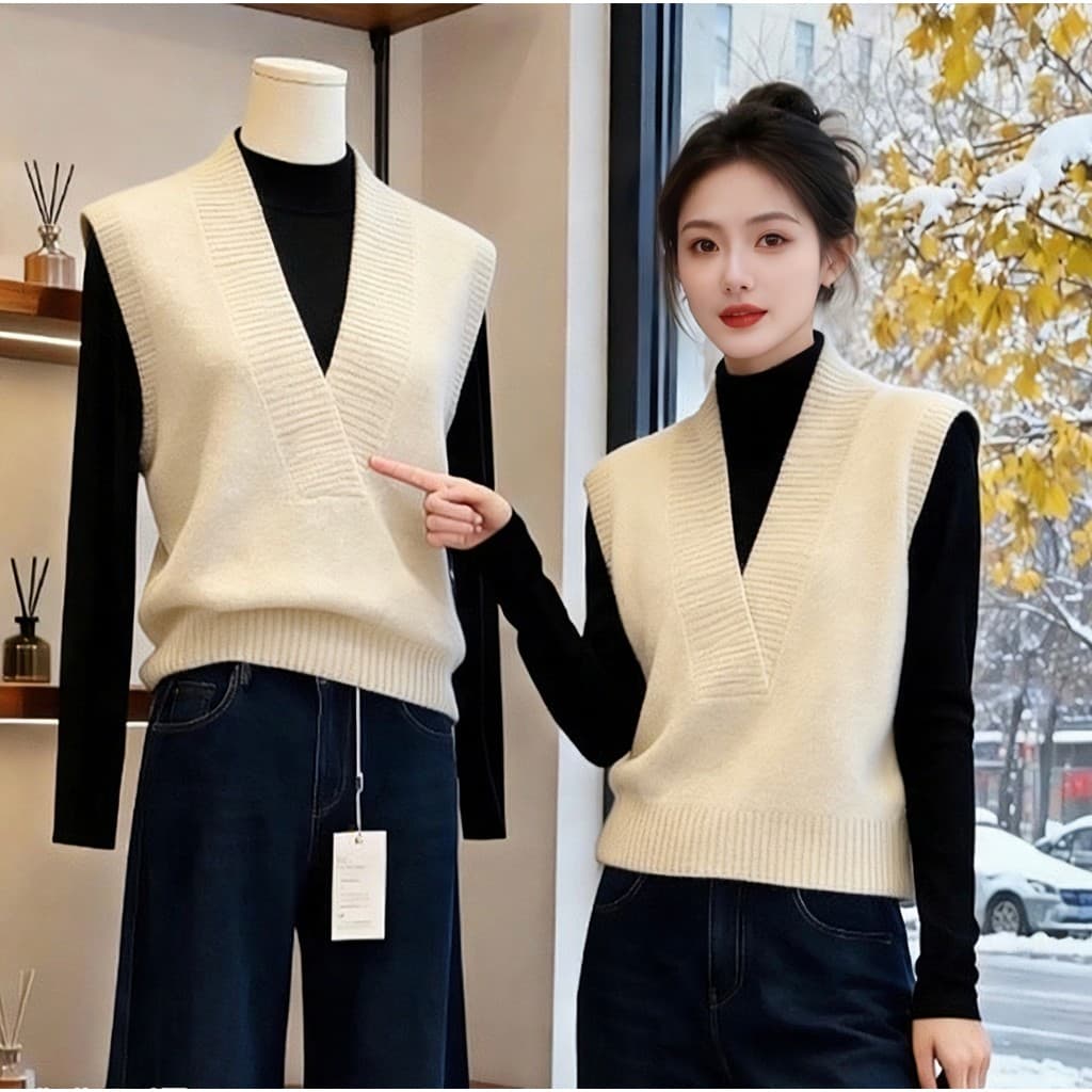 Colete em camadas com decote em V feminino novo estilo mais magro olhar moda curta malhas damasco