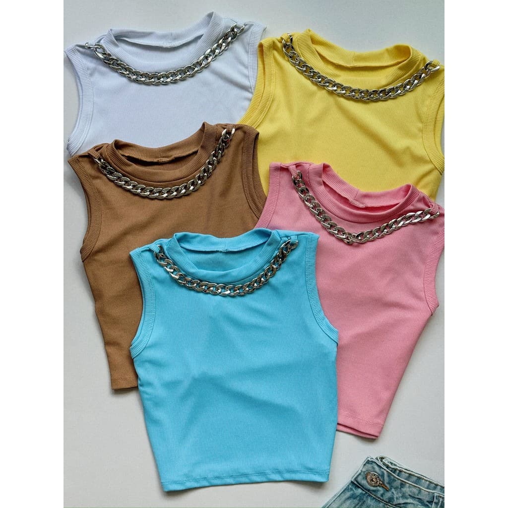 Cropped Top Regata Canelado Premium Corrente Verão Confortável(Marrom,Unico)