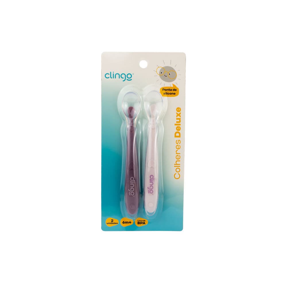 Kit 2 Colheres Silicone Bebê Clingo Rosa e Roxa Alimentação Infantil.