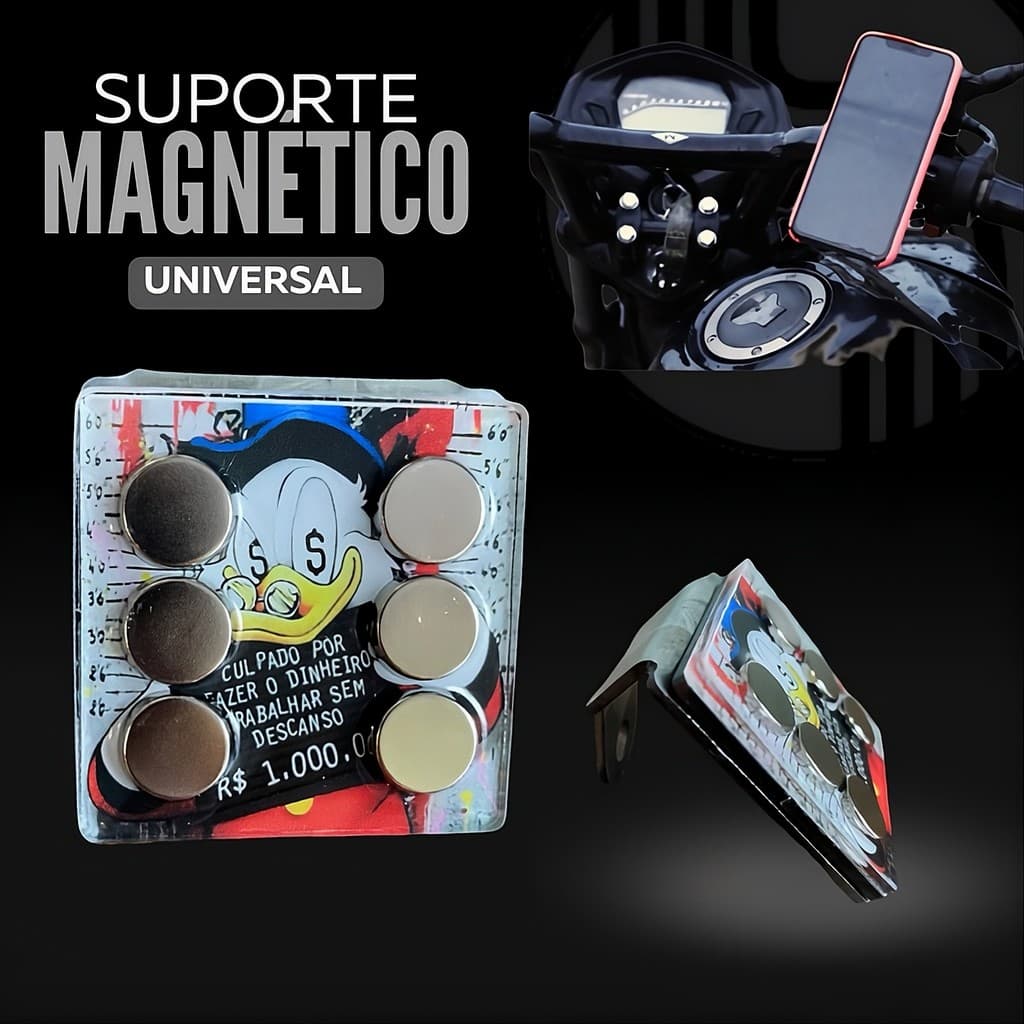 SUPORTE MAGNÉTICO UNIVERSAL PARA CELULAR MOTO FIXAÇÃO 6 ÍMÃS GUIDÃO DESENHOS SORTIDOS