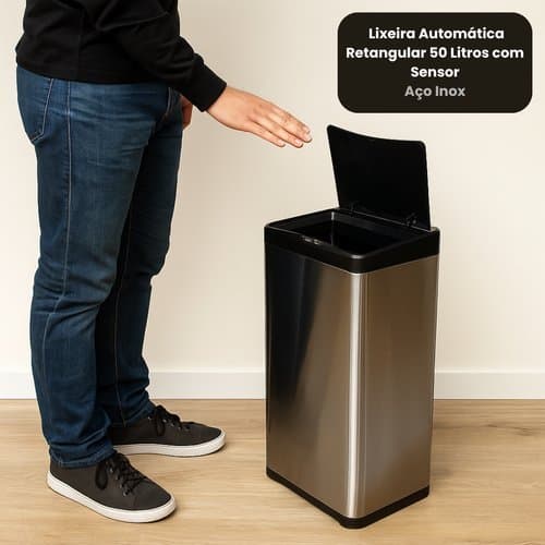 Lixeira Automatica Sensor Retangular 50 Litros Capacidade Aco Inox Moderna