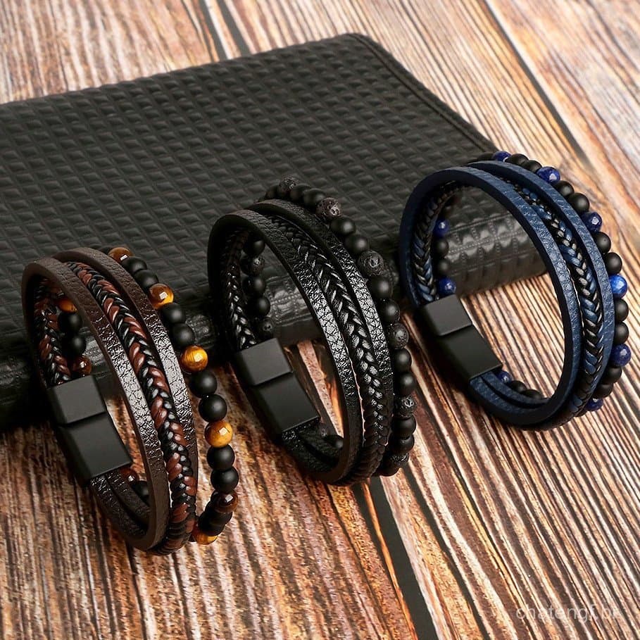 Pulseira De Couro Tigre Com Contas De Aço Inoxidável Pulseiras De Corda Masculina Para Acessórios De Jóias Presente