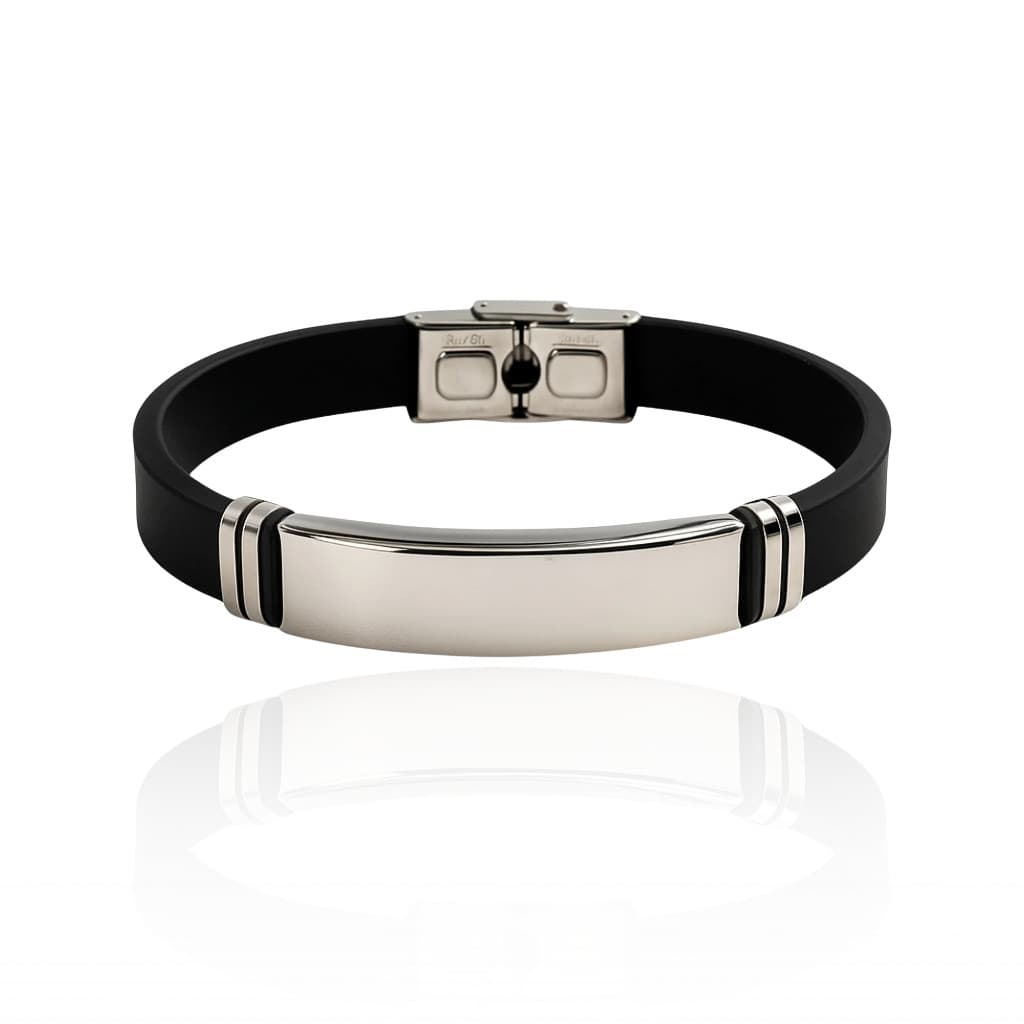 Bracelete Masculino Preto com Placa Prateado Pulseira em Aço Premium 316L - Ermino