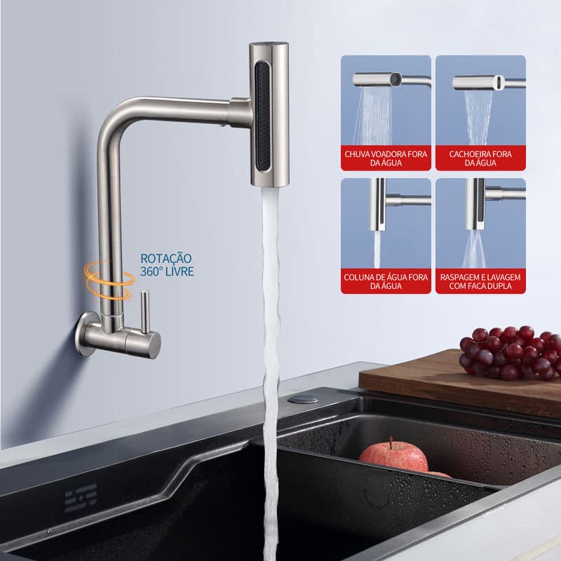 Torneira Cozinha Parede Gourmet Inox 304 360° Flexível 4 Modos Spray Prata