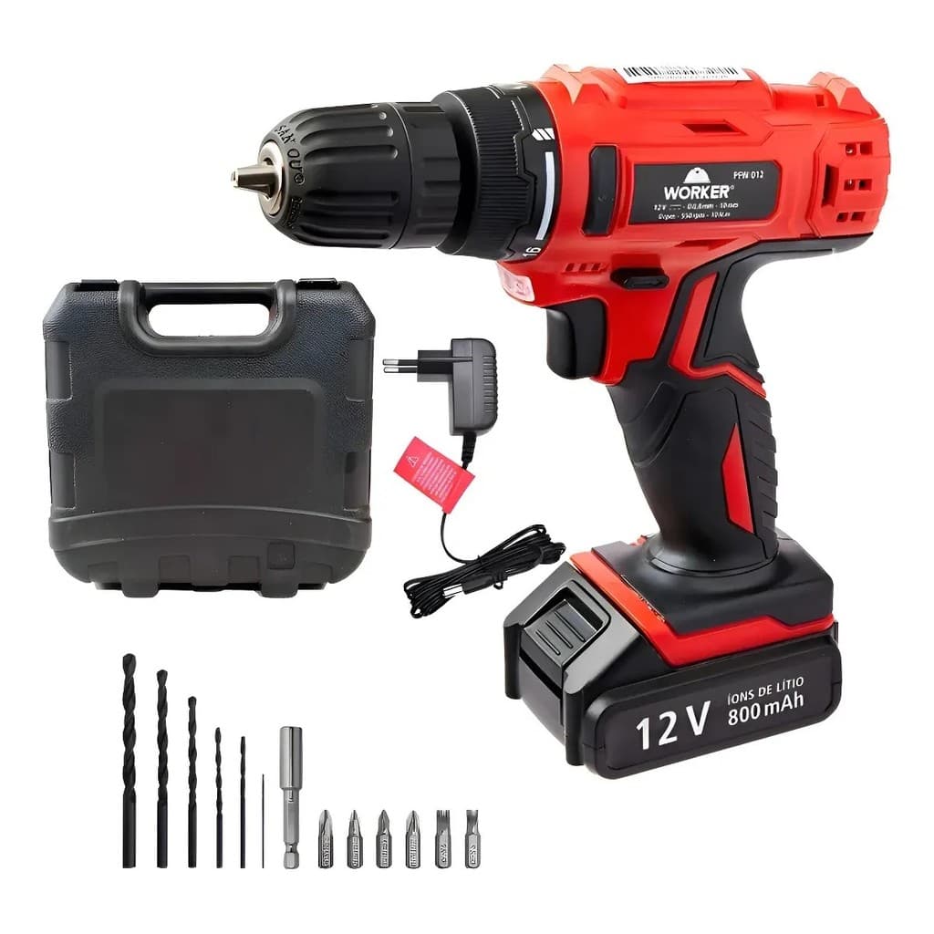 Furadeira Parafusadeira Worker 12v Recarregável Profissional Vermelho 12v - Vermelho - 12V