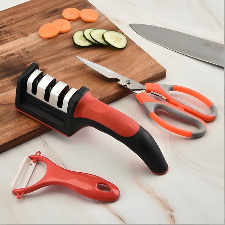 Kit Amolador Afiador De Facas Em Aço Inox Com 3 Afiadores + Tesoura Multifuncional De Cozinha + Descascador De Alimentos