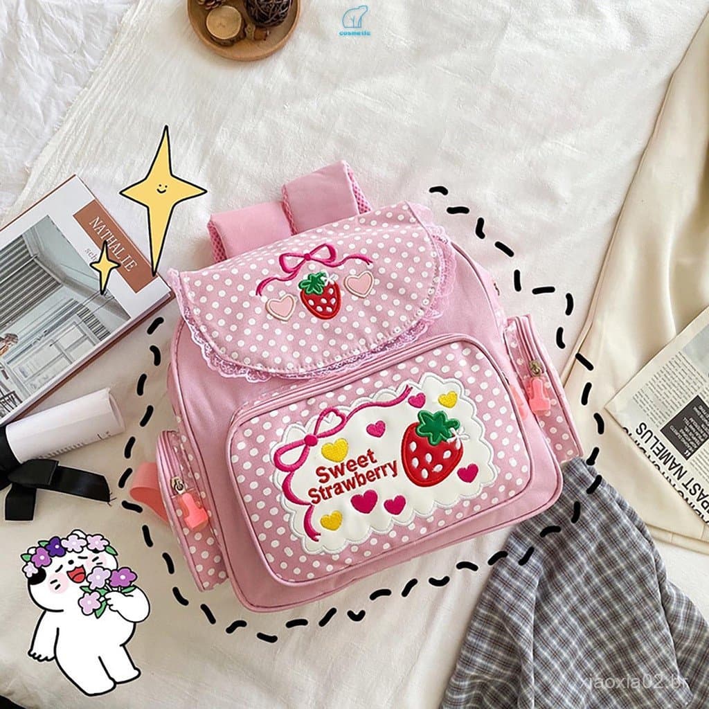 Mochila Estilo Doce com Estampa de Morango, Amplo Espaço de Armazenamento e Múltiplos Bolsos