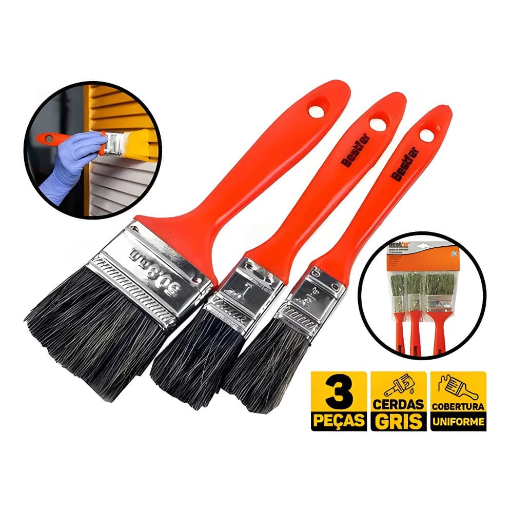 Kit Com 3 Pincel trincha Para Pintura 2", 1" e 3/4"