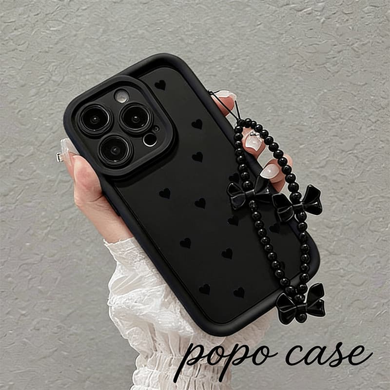 Kit Capa Corrente Capinha Para IPhone 16 15 14 13 12 11 17 Plus Pro Max Ar Normal Preto Amor Coração Caso De Telefone