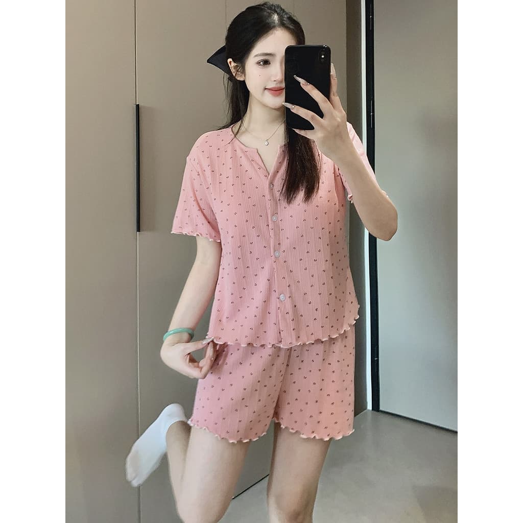 Doce estilo pasta de feijão pijamas feminino verão manga curta Cardigan algodão primavera feminino Homewear terno 2026 n