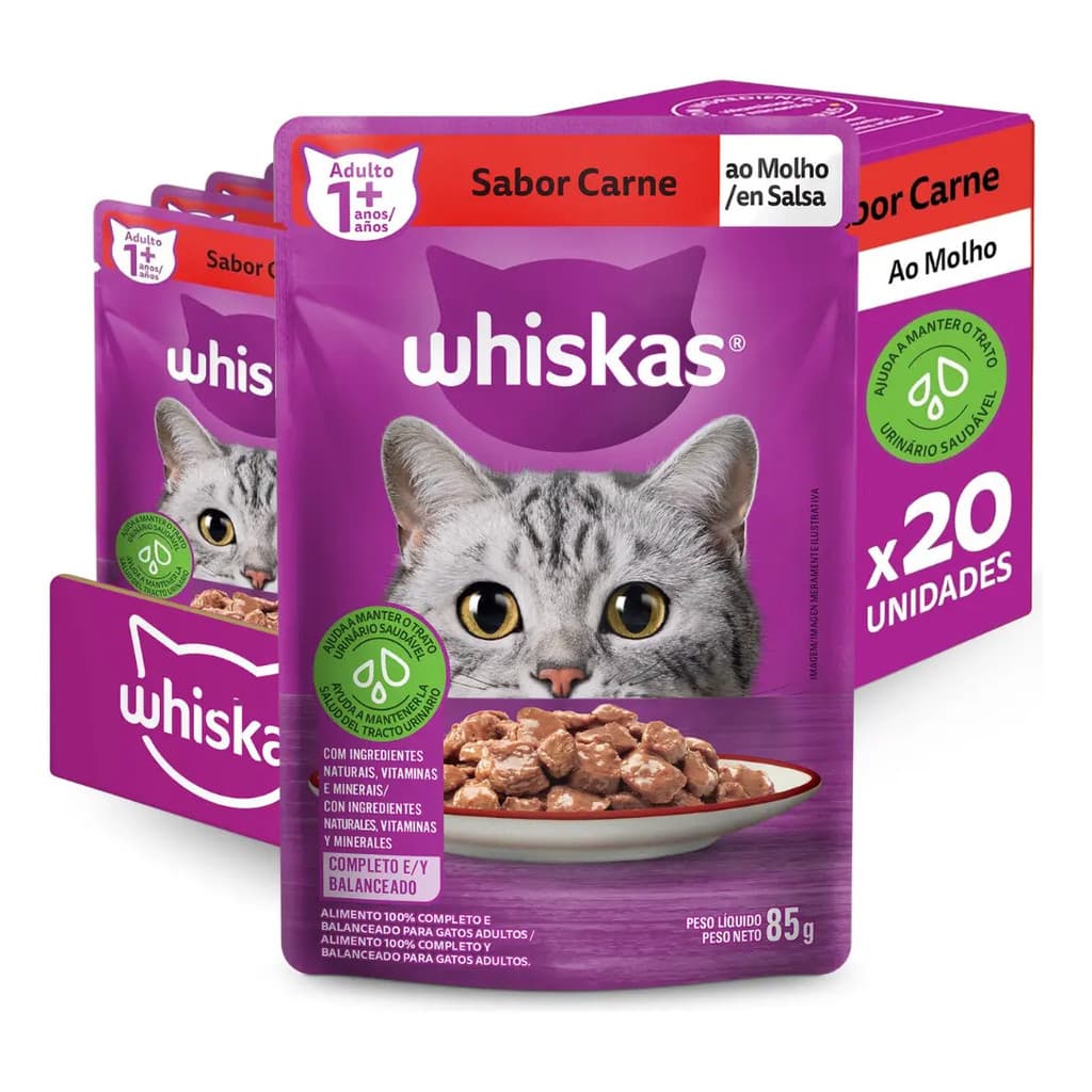 Sachê Ração Úmida Whiskas Gato Adulto Carne ou Frango Ao Molho 85g 20unidades