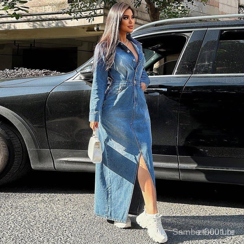 Vestido Jeans Feminino Vintage Versátil com Gola Dobrada e Manga Longa, Elegante para Primavera e Outono.