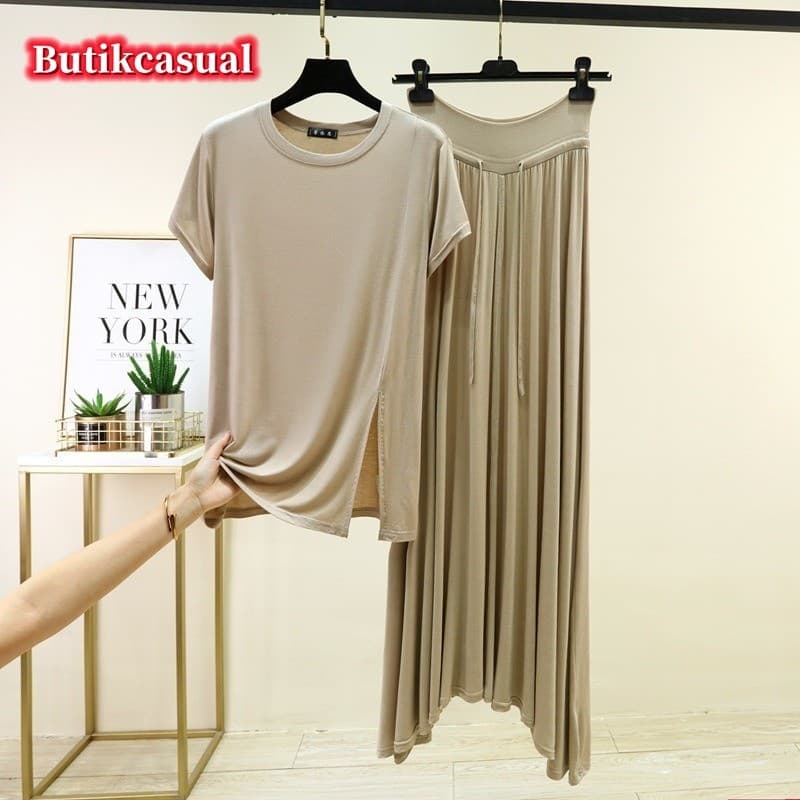 Feminino Modal Conjunto De Duas Peças Verão Plus Size Manga Curta Fenda Lateral Camiseta Cintura Alta Saia Longa Roupa C