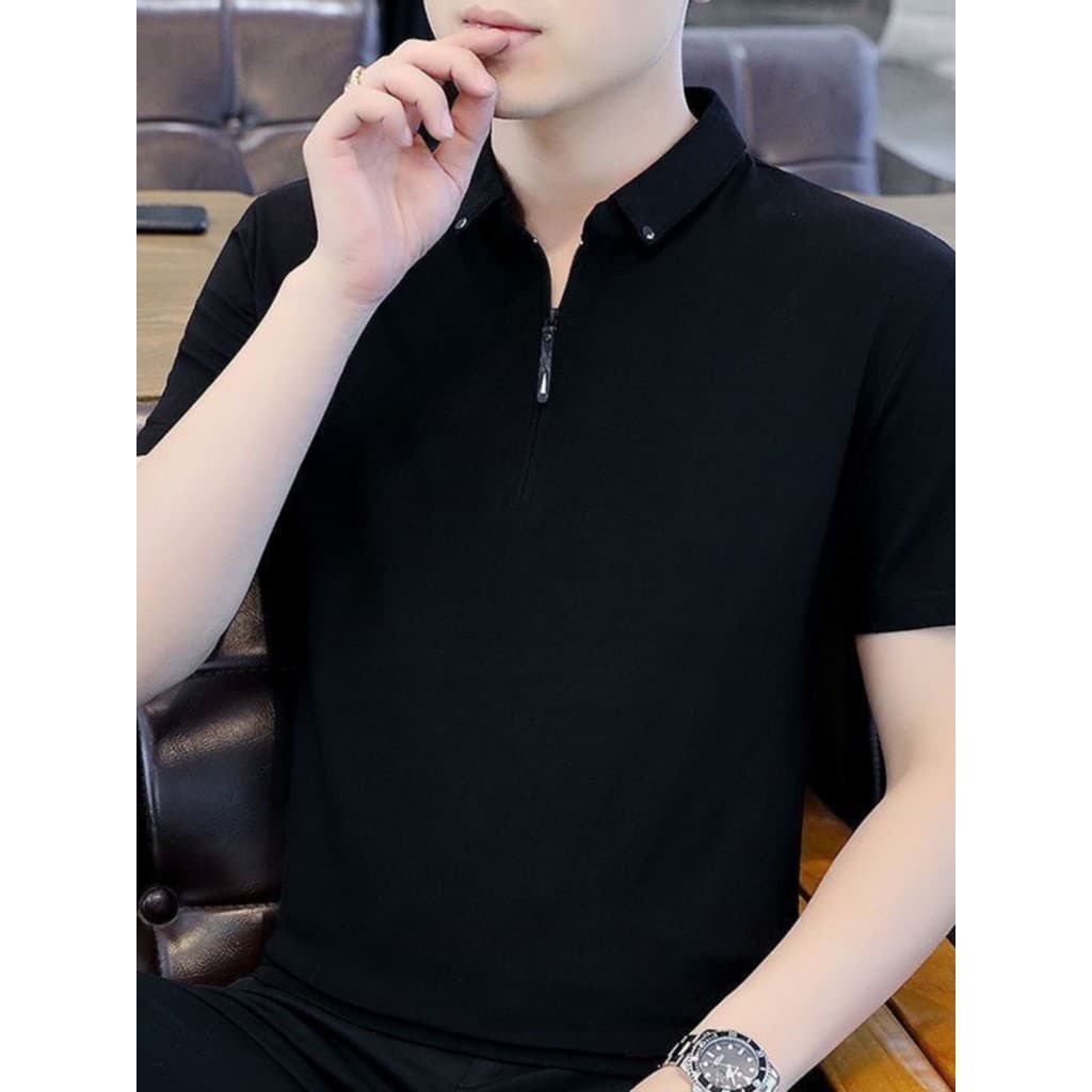 High-End Light Business ~ Verão Fino Slim-fit Lapela Camisa polo de Manga Curta Masculina Stretch Half-Zip