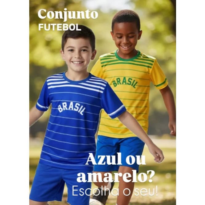 Conjunto da Seleção Retro Infantil Juvenil Camiseta e Shorts Amarelo e Azul Listrado