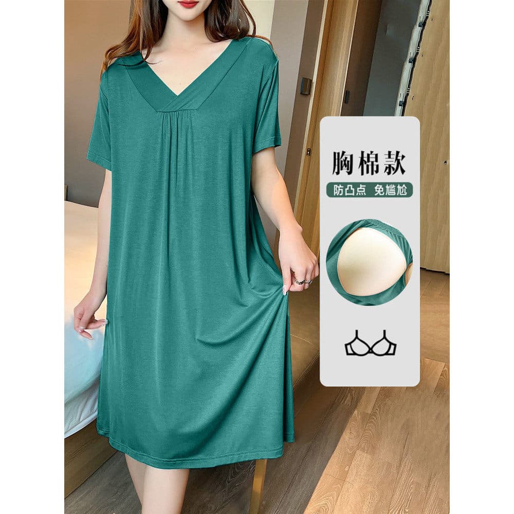 Camisola Modal integrada com almofada no peito, vestido feminino de verão com decote em v, pijama solto para maternidade