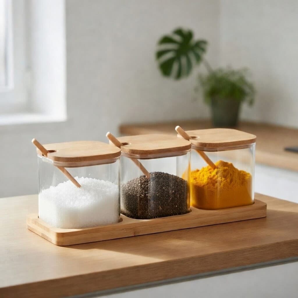 Kit 3 Potes 500ml Suporte Temperos Condimentos Vidro Bambu Bege