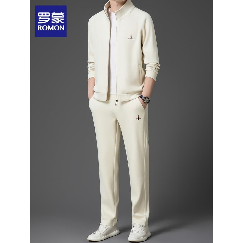 Lomon terno esportivo masculino outono novo estilo lã amoreira seda gola alta jaqueta combinando calças casuais um conju