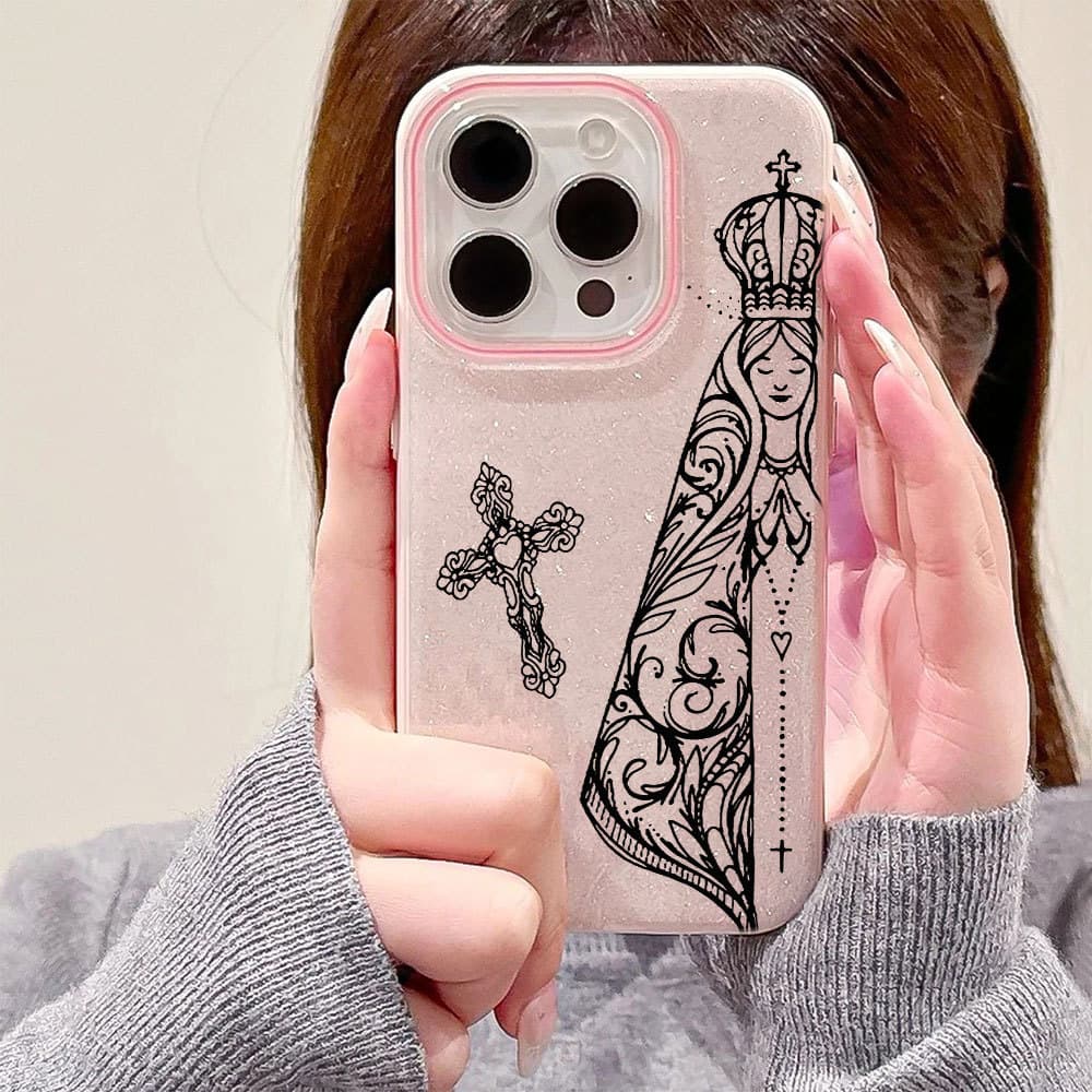 Capinha Para iPhone 17 Ar 16 15 14 Plus 13 12 11 Pro Max XR Nossa Senhora Com Brilho Cruzado Bling Silicone Anti-Impacto