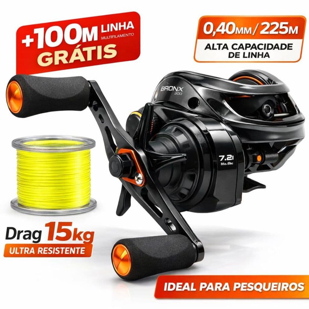 Carretilha Bronx 300 Drag 15kg + Linha Multifilamento 100m Amarela Brinde