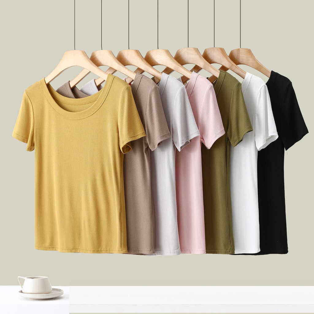 Verão fino de manga curta camisa de fundo feminino exterior usar colete rosqueado fino-ajuste mais magro olhar cor sólid