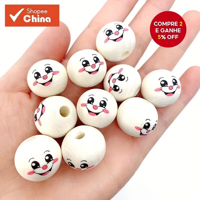 20mm 30 Peças de Contas de Madeira Natural Original, Acessórios Redondos Sorridentes Soltos para Fazer Pulseiras