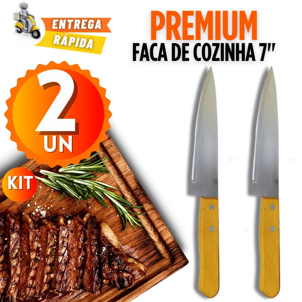 Kit 2/1 unid - Faca de Cozinha com Cabo de Madeira 7" Aço Inox Corte Churrasco e Cozinha
